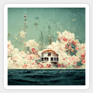 Vintage floral house in the middle of ocean art print Sticker